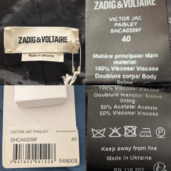 Zadig & Voltaire NWT Victor Jacquard Paisley 40 Large Blue Button Blazer Jacket - Picture 6 of 14